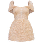 Beige Bianca lace mini dress by 21Six featuring intricate lace details and a fitted silhouette.