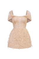 Beige Bianca lace mini dress by 21Six featuring intricate lace details and a fitted silhouette.
