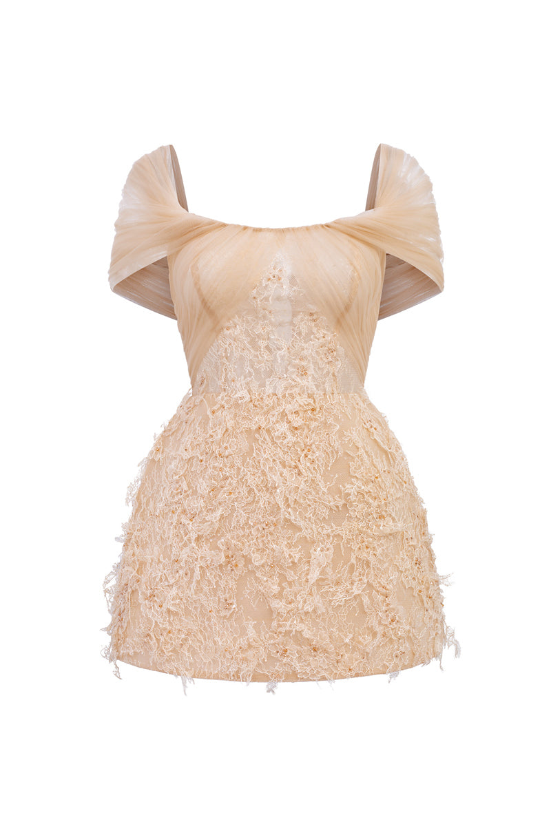 Beige Bianca lace mini dress by 21Six featuring intricate lace details and a fitted silhouette.