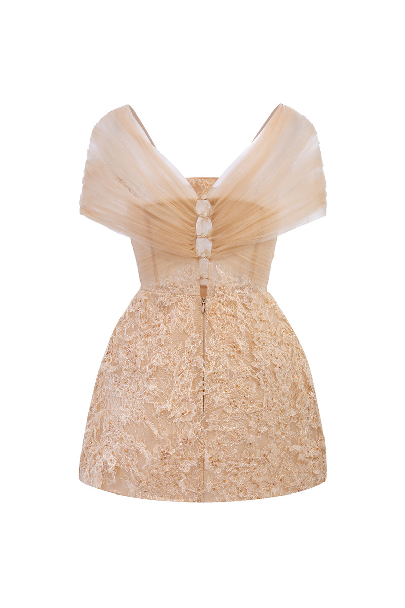 Beige Bianca lace mini dress by 21Six, featuring delicate lace fabric and a stylish, fitted silhouette.