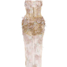 Beige Odessa tulle maxi dress by 21Six with flowing fabric and elegant silhouette, perfect for formal occasions.