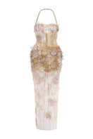Beige Odessa tulle maxi dress by 21Six with flowing fabric and elegant silhouette, perfect for formal occasions.