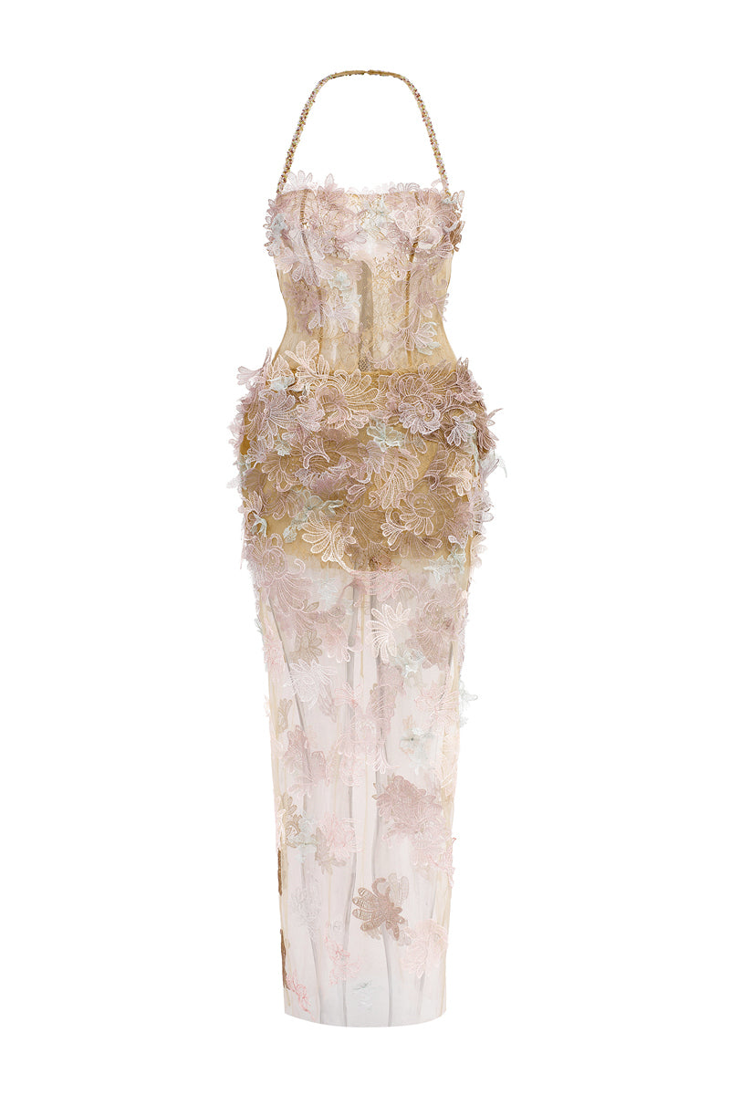 Beige Odessa tulle maxi dress by 21Six with flowing fabric and elegant silhouette, perfect for formal occasions.