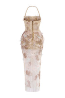 Beige Odessa tulle maxi dress by 21Six featuring flowing fabric and elegant design, perfect for formal occasions.