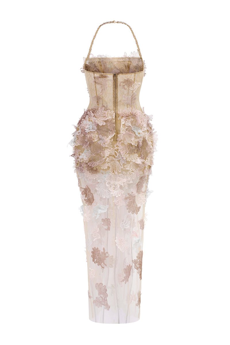 Beige Odessa tulle maxi dress by 21Six featuring flowing fabric and elegant design, perfect for formal occasions.