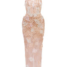Beige Annabelle tulle maxi dress by 21Six, featuring a flowing silhouette and elegant tulle fabric.