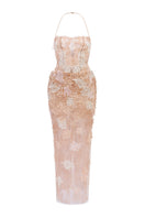 Beige Annabelle tulle maxi dress by 21Six, featuring a flowing silhouette and elegant tulle fabric.