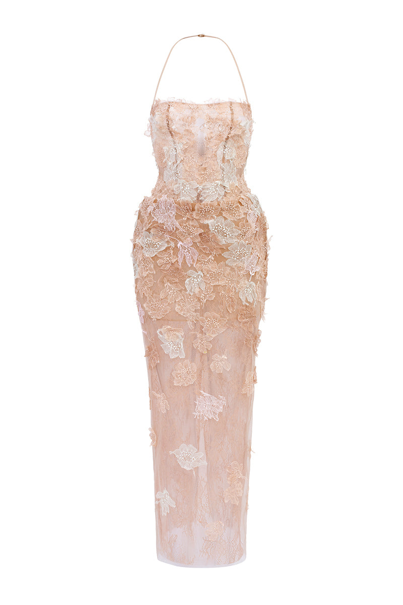 Beige Annabelle tulle maxi dress by 21Six, featuring a flowing silhouette and elegant tulle fabric.