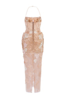 Beige Annabelle tulle maxi dress by 21Six, flowing fabric with elegant design, perfect for formal or special occasions.