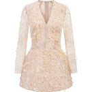 Beige Annalise lace mini dress by 21Six featuring intricate lace details and a fitted silhouette.