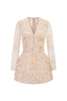 Beige Annalise lace mini dress by 21Six featuring intricate lace details and a fitted silhouette.