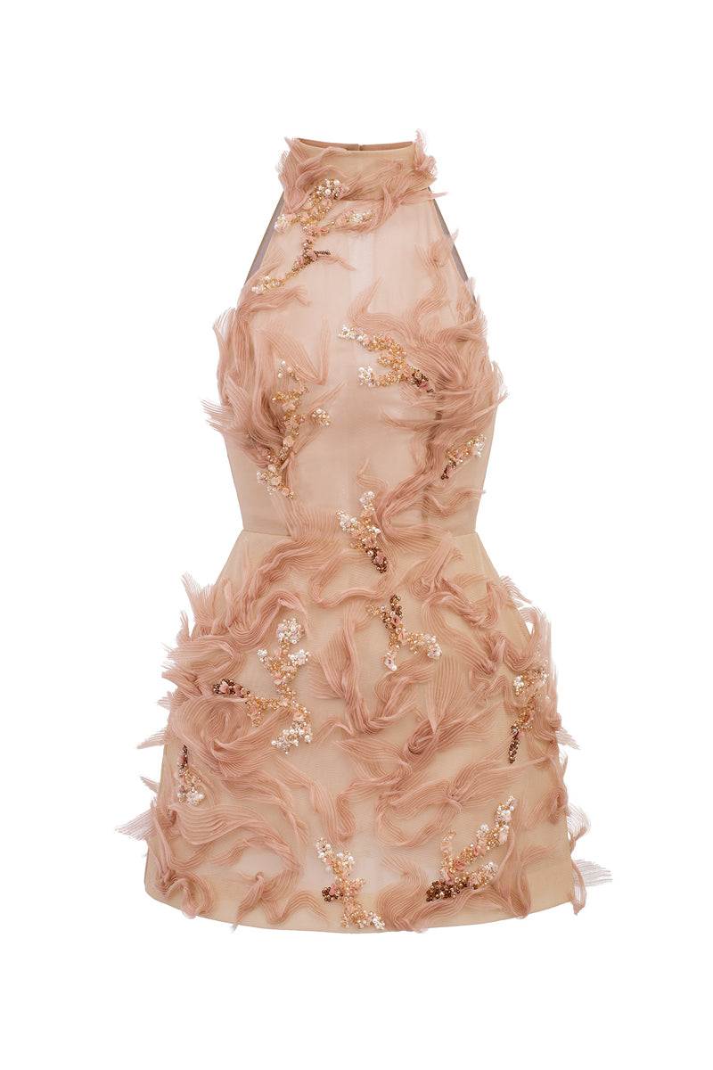 Beige Sophia tulle mini dress by 21Six with a delicate, airy fabric and elegant design, perfect for stylish occasions.