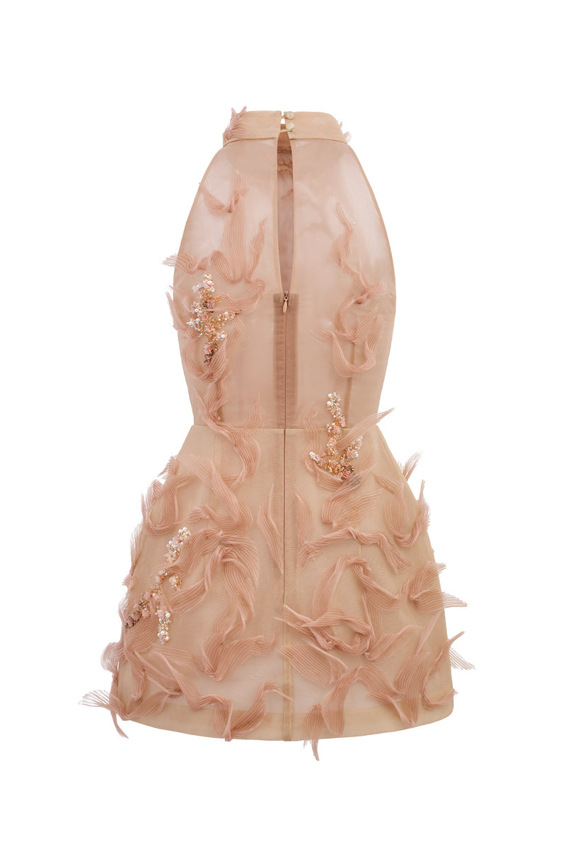 Beige Sophia tulle mini dress by 21Six featuring a delicate layered tulle skirt and elegant design.