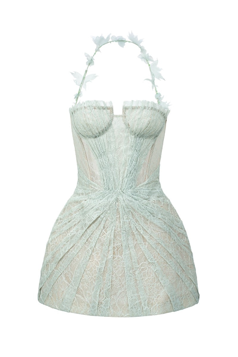 Mint lace mini dress by 21Six featuring intricate lace details and a stylish fit, perfect for casual or semi-formal occasions.