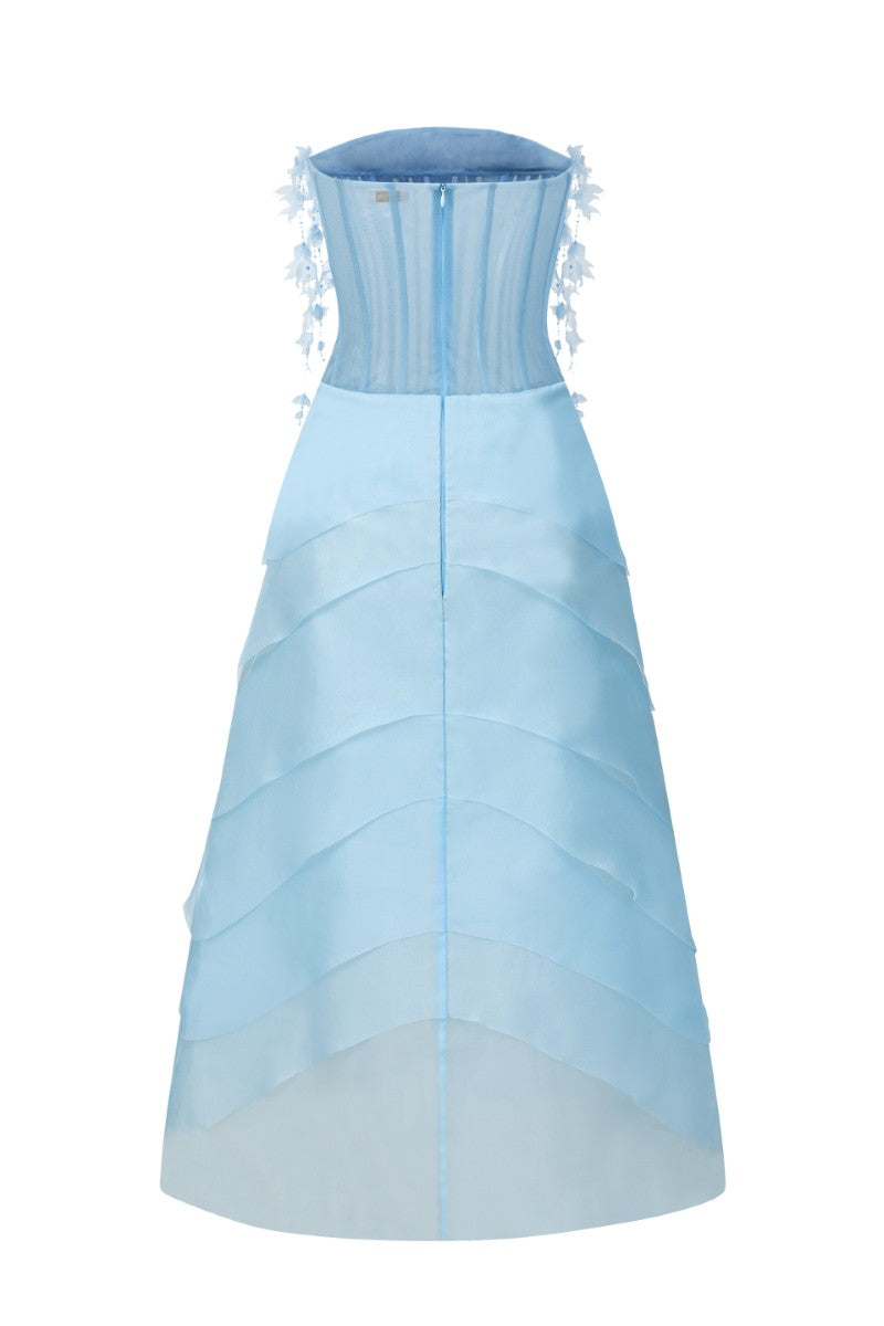 Light blue Coralie tulle and organza maxi dress by 21Six, flowing design with delicate fabric details.