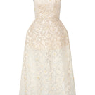 Beige FIORA lace gown by 21Six, featuring intricate lace details and a flowing silhouette, perfect for elegant occasions.
