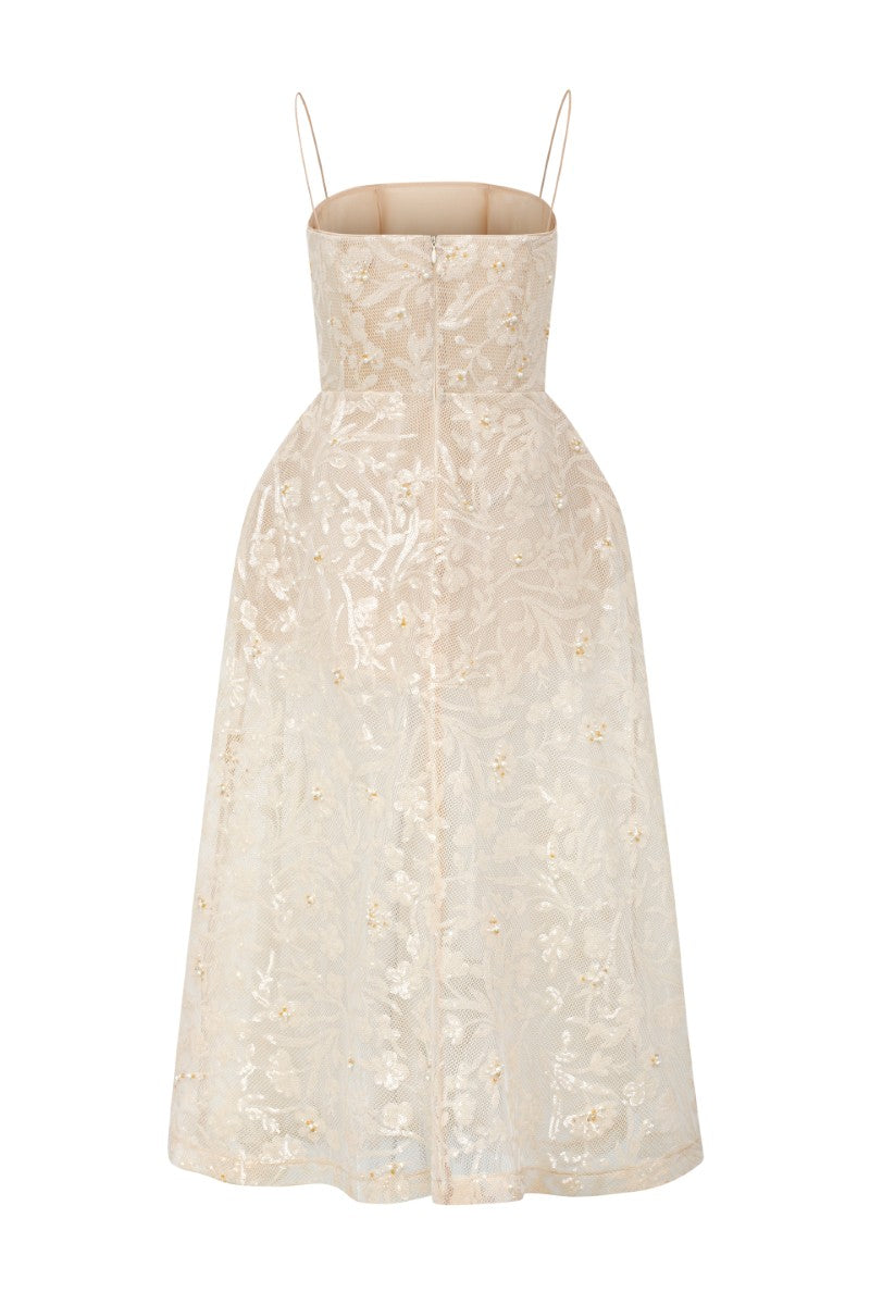 Beige FIORA lace gown by 21Six featuring intricate lace details and elegant flowing fabric.