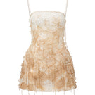 White and beige CELIA lace mini dress by 21Six, featuring intricate lace details and a fitted silhouette.