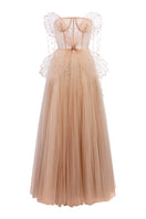 Beige Grace Tulle Dress by 21Six featuring a flowing gown with delicate tulle fabric and elegant design.