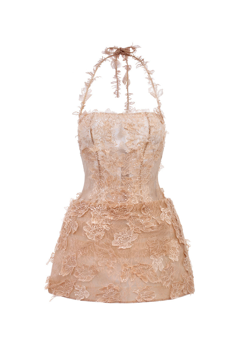 Beige ELISA lace mini dress by 21Six, featuring delicate lace fabric and a stylish, fitted silhouette for elegant occasions.