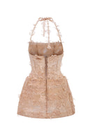 Beige ELISA lace mini dress by 21Six featuring intricate lace details and a stylish, fitted silhouette.
