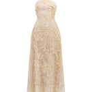 Beige Alisa lace gown by 21Six featuring intricate lace details and a flowing silhouette.