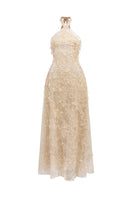 Beige Alisa lace gown by 21Six featuring intricate lace details and a flowing silhouette.