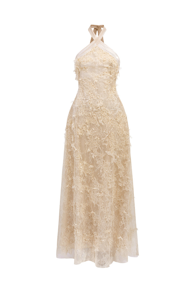 Beige Alisa lace gown by 21Six featuring intricate lace details and a flowing silhouette.