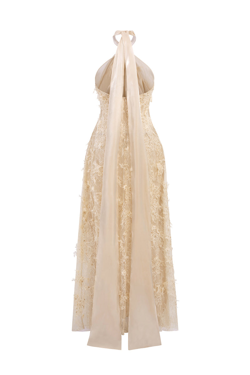 Beige lace gown by 21Six featuring intricate lace details and a flowing silhouette, perfect for elegant occasions.