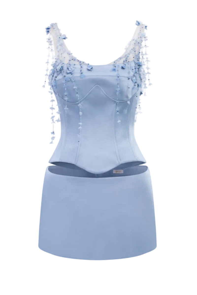 Light blue silk taffeta co-ord set with a Delilah top and Marielle skirt by 21Six, featuring elegant, flowing fabric and stylish design.