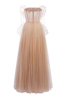 Beige Grace Tulle Dress by 21Six, elegant gown with flowing tulle fabric and delicate design, perfect for formal occasions.