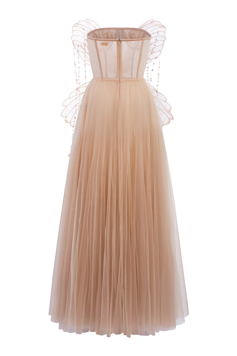 Beige Grace Tulle Dress by 21Six, elegant gown with flowing tulle fabric and delicate design, perfect for formal occasions.