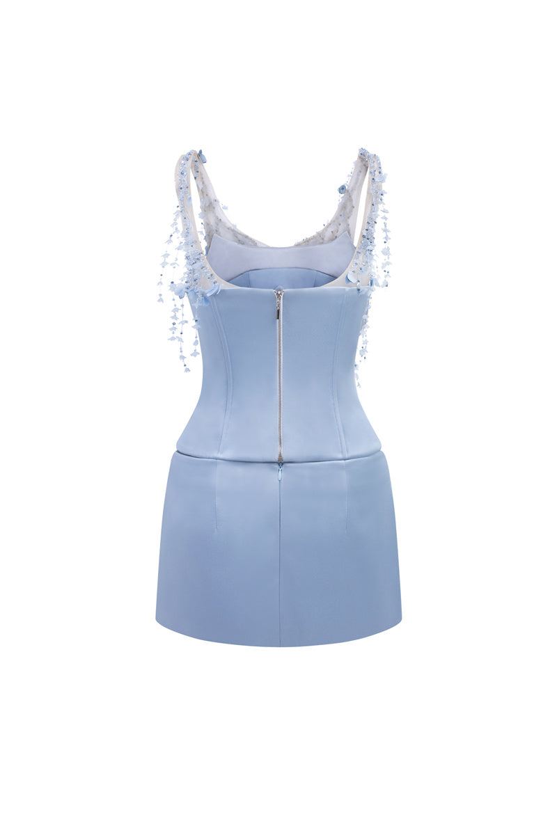 Light blue silk taffeta co-ord set featuring a Delilah top and Marielle skirt from 21Six, displayed on a neutral background.