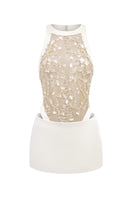 White Ivy Tulle Top and Hazel Silk Taffeta Skirt co-ords by 21Six, showcasing elegant tulle fabric and silky taffeta texture.