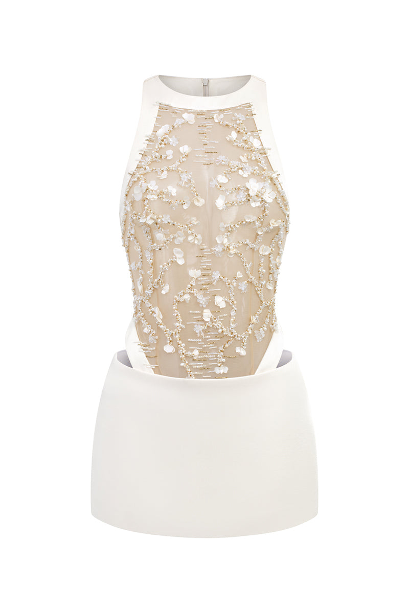 White Ivy Tulle Top and Hazel Silk Taffeta Skirt co-ords by 21Six, showcasing elegant tulle fabric and silky taffeta texture.