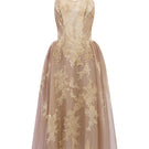 Beige Camilla tulle midi dress by 21Six, featuring layered tulle fabric and elegant design, shown on a model.