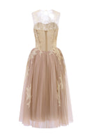 Beige CAMILLA tulle midi dress by 21Six featuring layered tulle fabric and a flowing, elegant design.