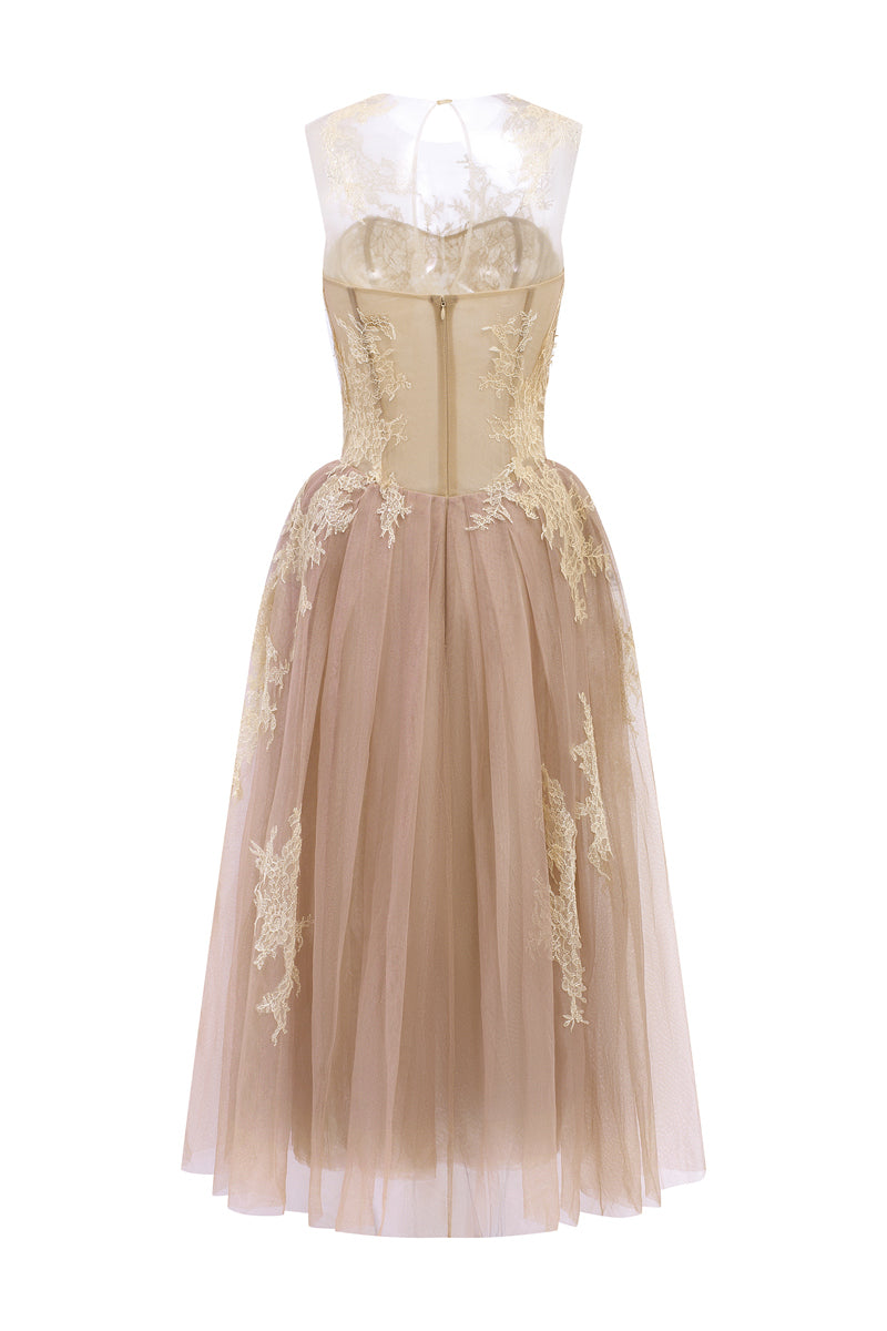 Beige CAMILLA tulle midi dress by 21Six featuring layered tulle fabric and a flowing, elegant design.