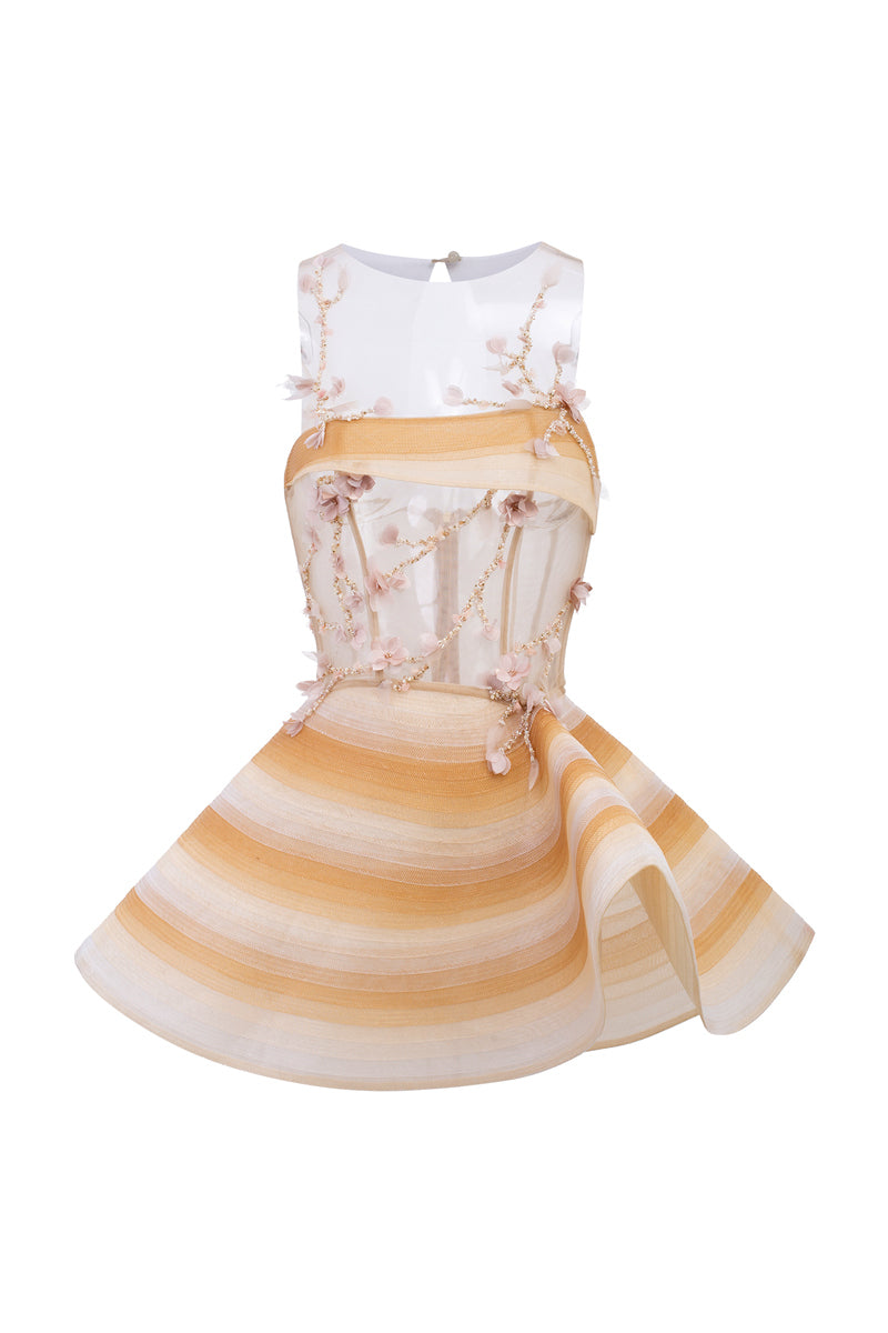 Beige Lyra tulle mini dress by 21Six, showcasing a flowy, layered tulle fabric with a fitted bodice and delicate design.