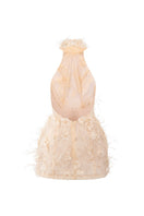 Beige ASAD lace flower and feather mini dress by 21Six, featuring intricate lace details and a stylish, feminine design.