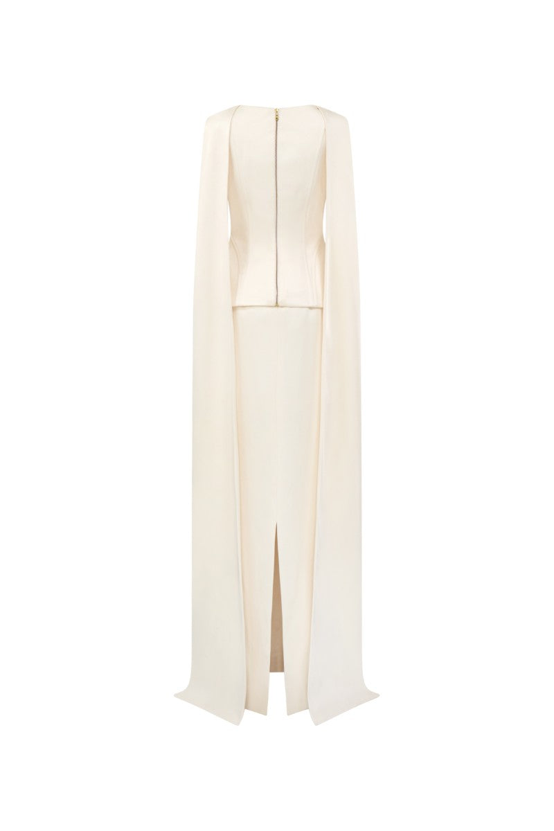 Elegant white Salma silk taffeta gown by 21Six, featuring a flowing design and intricate details, perfect for formal occasions.
