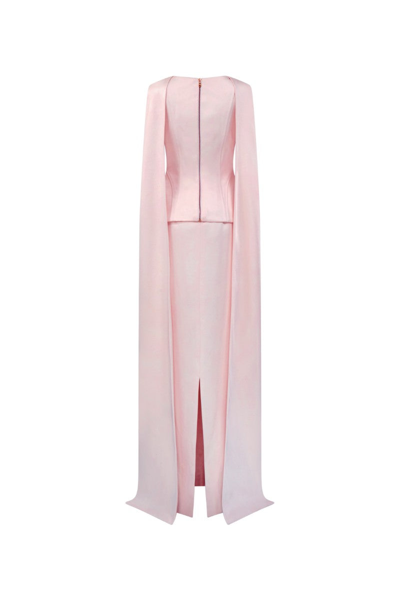 Light pink Salma silk taffeta gown by 21Six, elegant floor-length dress with flowing fabric and subtle sheen.