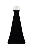 Black and white LULWA crepe and silk taffeta gown by 21Six, featuring elegant fabric draping and sophisticated design.