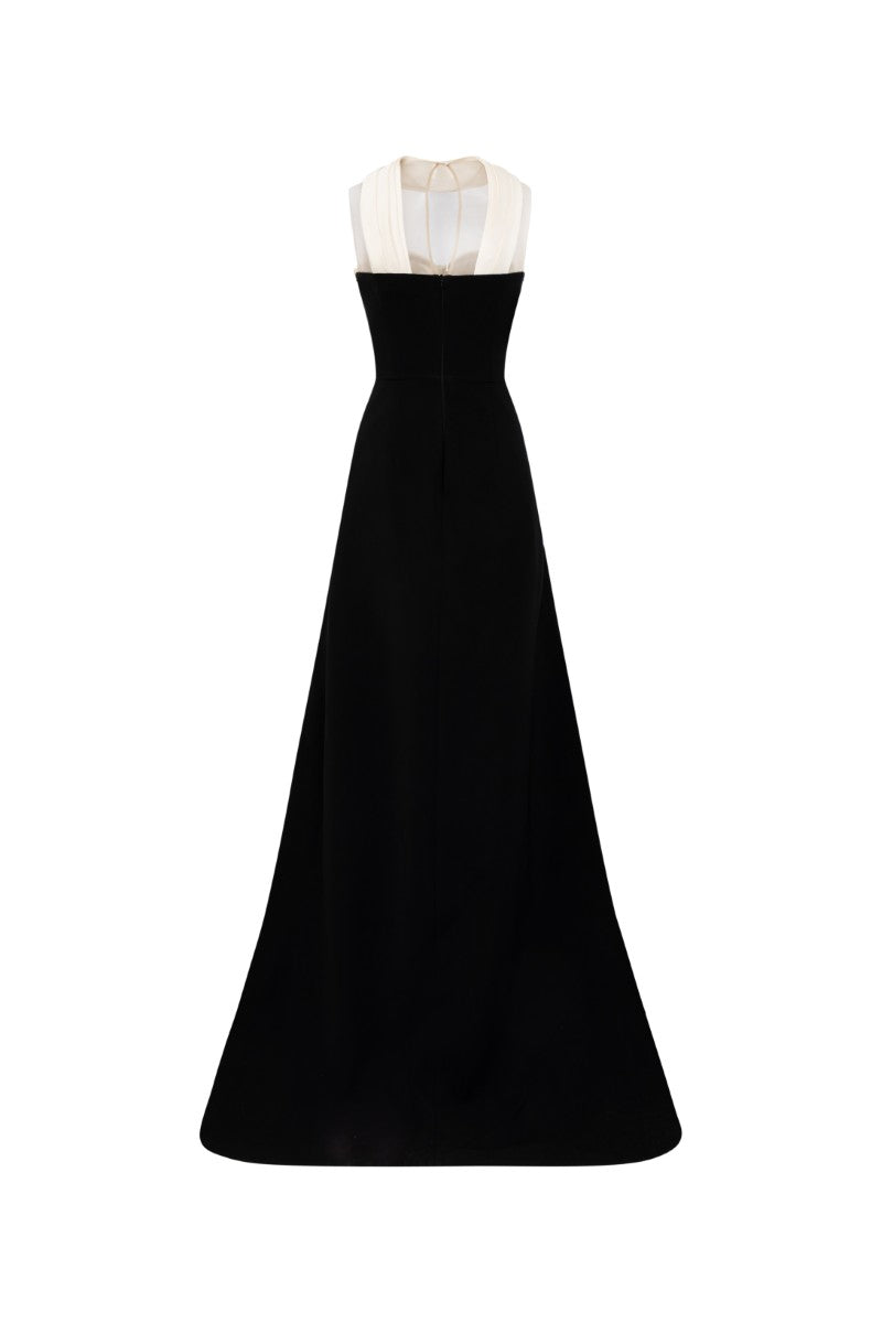 Black and white LULWA crepe and silk taffeta gown by 21Six, featuring elegant fabric draping and sophisticated design.