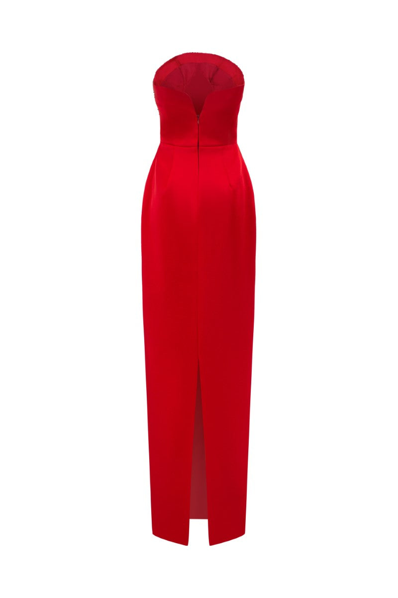 Elegant YASMIN silk taffeta strapless bodycon gown by 21Six, shown in a fitted silhouette with a sleek, sophisticated design.