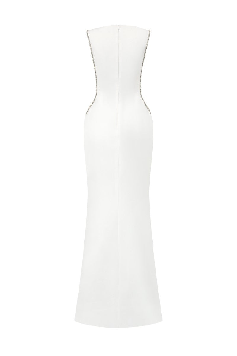 Elegant Fatima crepe cut-out gown by 21Six featuring a flowing silhouette and stylish cut-out details.