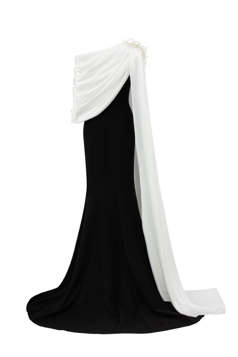 Negin crepe and silk fishtail gown by 21Six featuring elegant draping and a fitted silhouette, showcased in a luxurious design.