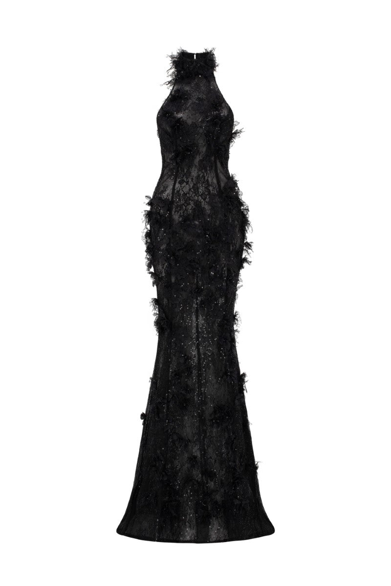 AYLIN FLORAL LACE HALTER NECK GOWN - CULT MIA