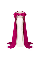 Elegant RUQAYYA silk taffeta gown in white and purple by 21Six, featuring intricate design and flowing fabric.