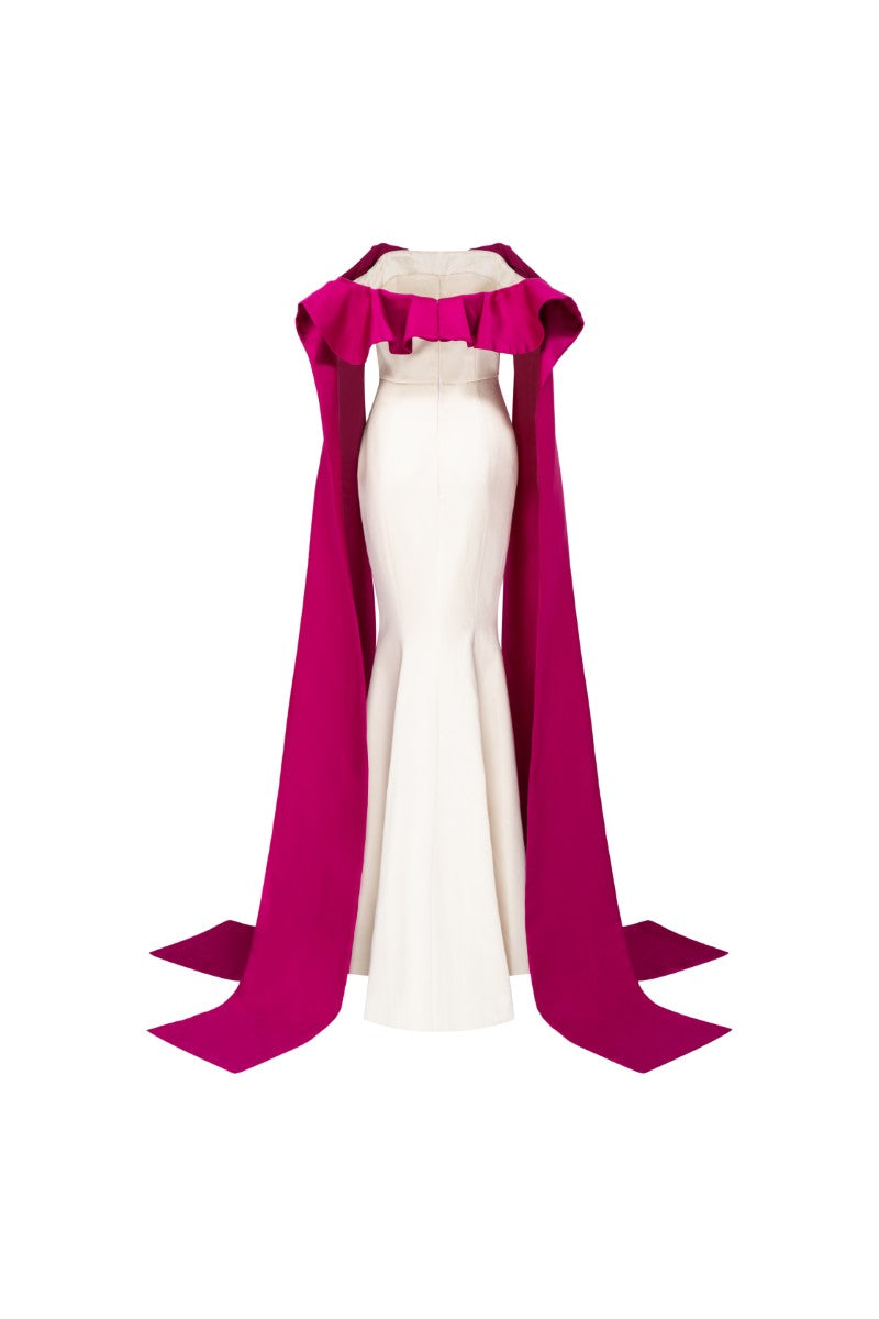Elegant RUQAYYA silk taffeta gown in white and purple by 21Six, featuring intricate design and flowing fabric.